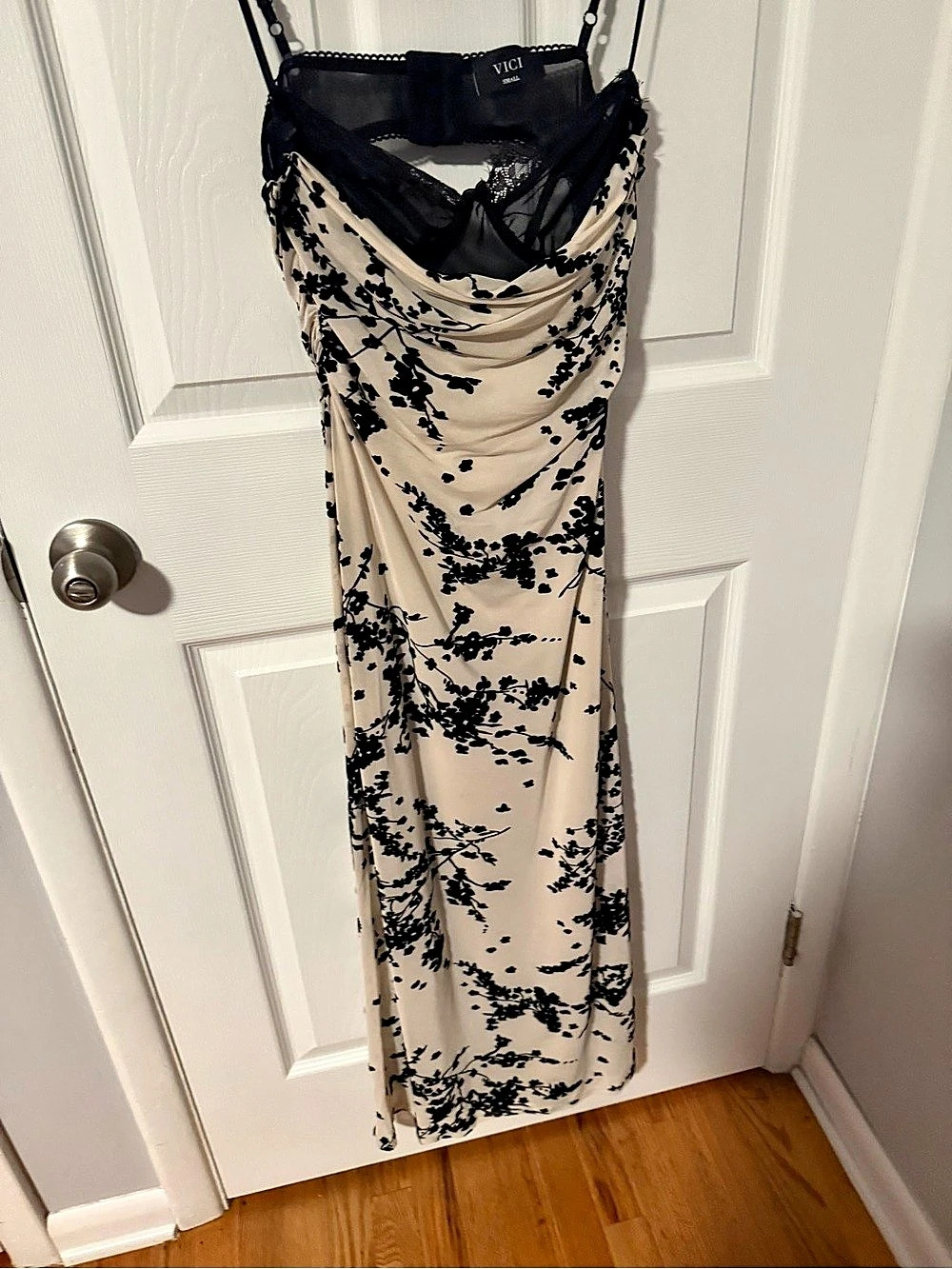 VICI Black Satin Floral Lace Applique Bustier Midi Dress